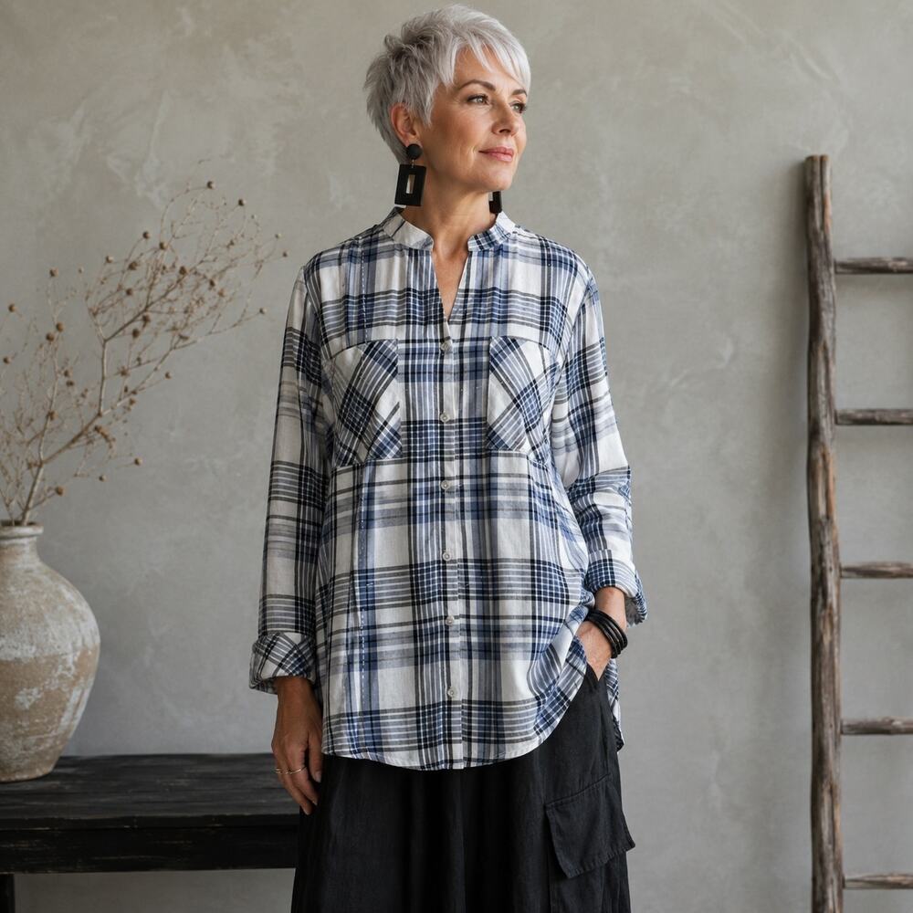 Chico's Blue Plaid Button Front Tab Collar Top size 2